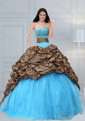 2015 New Style Leopard Printed Baby Blue Brush Train Beading Quinceanera Dress