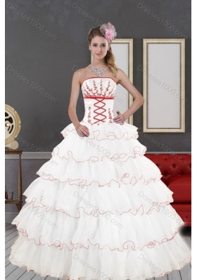 New Style Lovely White Quince Dresses with Appliques and Ruffled Layers for 2015