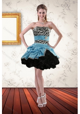 New Style Zebra Print Multi Color Strapless Quince Dresses with Ruffles and Pick Ups