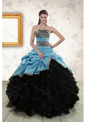 New Style Zebra Print Multi Color Strapless Quince Dresses with Ruffles and Pick Ups