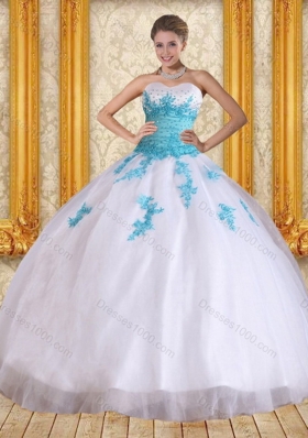 2015 Cute Sweetheart Floor Length Sweet Sixteen Dress in White and Blue