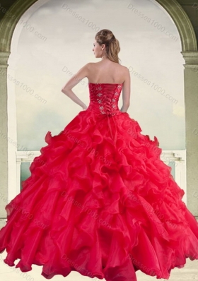 Elegant Red Strapless Quinceanera Dress with Ruffles and Beading