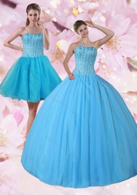Gorgeous Detachable Baby Blue Strapless Sweet Sixteen Dress with Beading