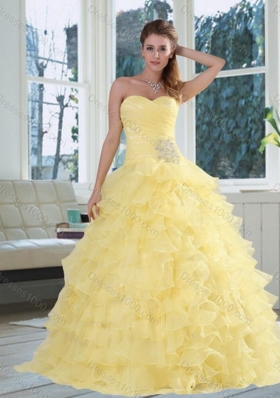 Yellow Beaded and Ruffled Sweetheart Sweet Sixteen Dress for 2015