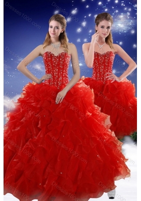 2015 Unique and Detachable Red Sweet 15 Dresses with Beading and Ruffles