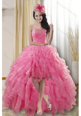 2015 Unique and Detachable Rose Pink Strapless Dresses for Quince with Ruffles and Beading