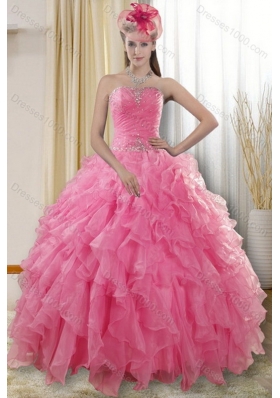 2015 Unique and Detachable Rose Pink Strapless Dresses for Quince with Ruffles and Beading