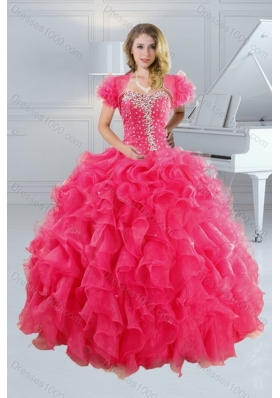 2015 Unique Hot Pink Sweet Sixteen Dresses with Ruffles and Beading