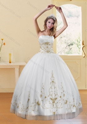 Inexpensive Embroidery White and Gold Sweet Sixteen Dress for 2015