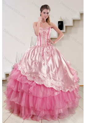 Pink Strapless 2015 Sweet Sixteen Dresses with Embroidery and Ruffles