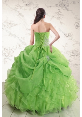 Unique and Detachable Brand New Spring Green Strapless Sweet 15 Dresses with Ruffles and Beading