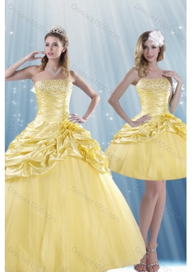 Unique and Detachable Strapless 2015 Beading Quince Dresses with Beadings and Pick Ups