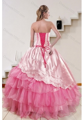 Unique and Detachable Strapless Pink 2015 Cute Quinceanera Dresses with Embroidery and Ruffles