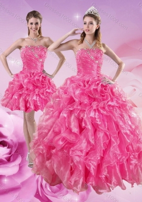 Unique and Detachable Sturning Hot Pink Quince Dresses with Beading and Ruffles for 2015