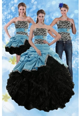 Unique and Detachable Zebra Print Strapless Multi Color Quinceanera Dresses with Ruffles and Pick Ups
