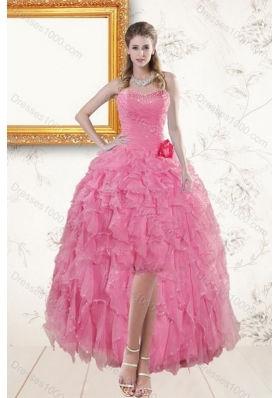 2015 Pretty Baby Pink Quince Dresses with Beading and Ruffles