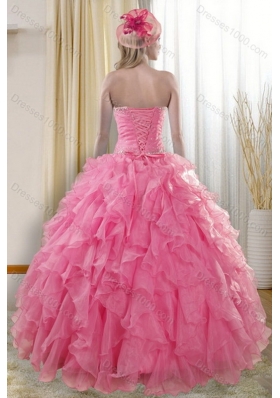 2015 Pretty Rose Pink Quinceanera Dresses with Ruffles and Beading