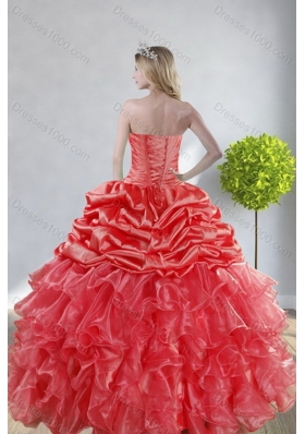 2015 Unique and Detachable Top Seller Watermelon Red Quince Dresses with Appliques and Ruffles