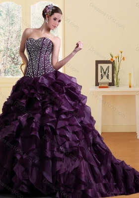 Sweetheart Burgundy Quinceanera Dress with Ruffles and Beading