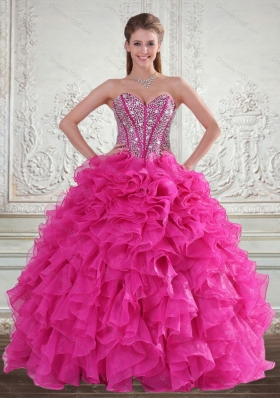 Vestidos de Sweetheart Hot Pink 2015 Quinceanera Gown with Beading and Ruffles
