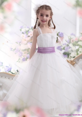 2015 New Style White Little Girl Pageant Dresses with Lilac Sash