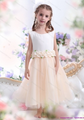 2015 White Little Girl Pageant Dress with Waistband and Hand Made Flowers