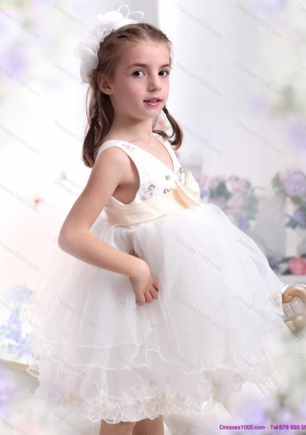 Beading Ruffled 2015 White Little Girl Pageant Dress with Bowknot