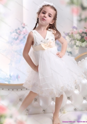 Beading Ruffled 2015 White Little Girl Pageant Dress with Bowknot