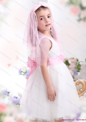 Beautiful White Little Girl Pageant Dress with Baby Pink Waistband and Hand Made Flower