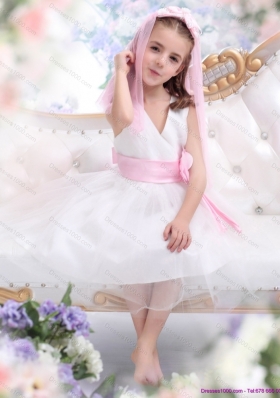 Beautiful White Little Girl Pageant Dress with Baby Pink Waistband and Hand Made Flower