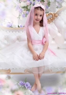 Beautiful White Little Girl Pageant Dress with Baby Pink Waistband and Hand Made Flower