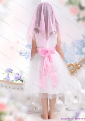 Beautiful White Little Girl Pageant Dress with Baby Pink Waistband and Hand Made Flower