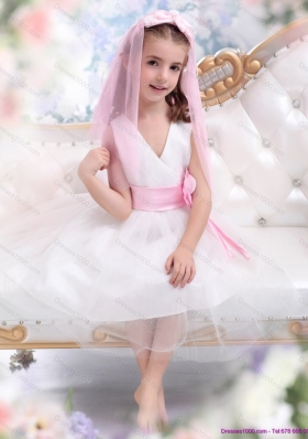 Beautiful White Little Girl Pageant Dress with Baby Pink Waistband and Hand Made Flower