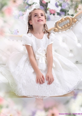 Elegant Lace 2015 White Little Girl Pageant Dress with Short Sleeves and Bowknot