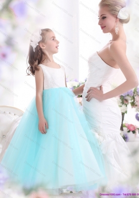 Popular White and Baby Blue Scoop Little Girl Pageant Dress for 2015