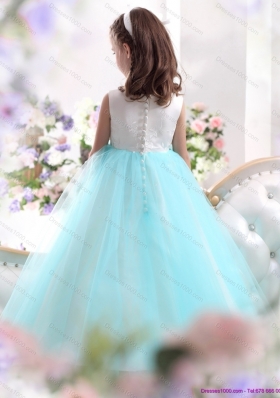 Popular White and Baby Blue Scoop Little Girl Pageant Dress for 2015