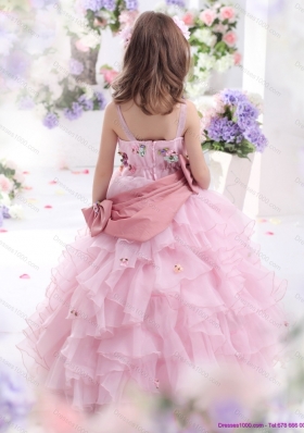 Rose Pink Little Girl Pageant Dress with Hand Made Flowers and Ruffled Layers