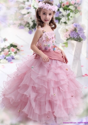 Rose Pink Little Girl Pageant Dress with Hand Made Flowers and Ruffled Layers