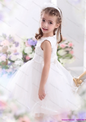 Scoop Tea Length White 2015 Little Girl Pageant Dress with Sash