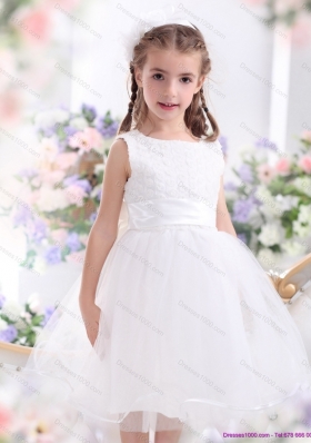 Scoop Tea Length White 2015 Little Girl Pageant Dress with Sash