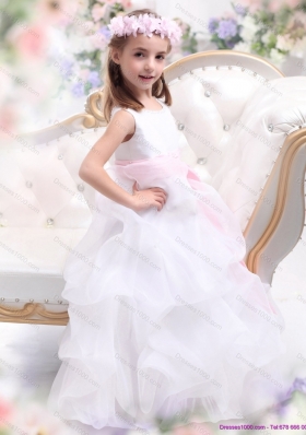 Scoop White Little Girl Pageant Dress with Sash and Ruffles