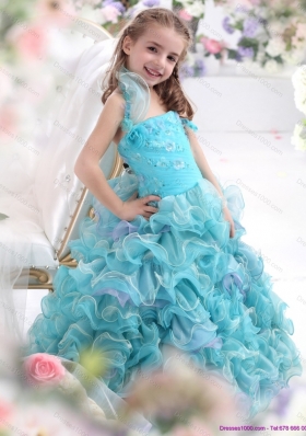 Straps Appliques and Ruffled Layers Pageant Dresses for Kids in Aque Blue