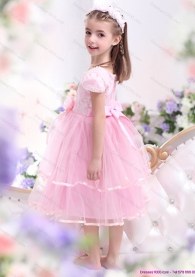 Unique Bowknot and Appliques 2015 Little Girl Pageant Dresses in Rose Pink