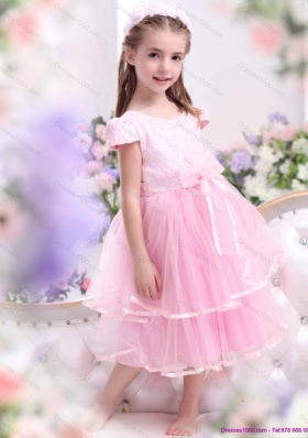 Unique Bowknot and Appliques 2015 Little Girl Pageant Dresses in Rose Pink