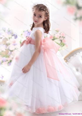 White Little Girl Pageant Dresses with Pink Waistband and Hand Made Flower