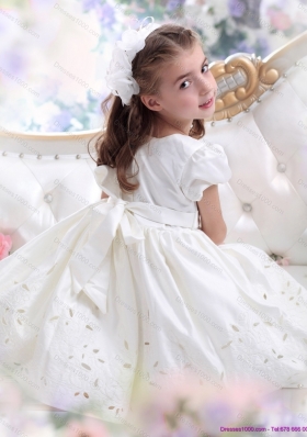 White Scoop 2015 Little Girl Pageant Dress with Bowknot and Cap Sleeves