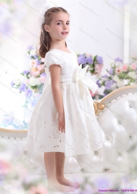 White Scoop 2015 Little Girl Pageant Dress with Bowknot and Cap Sleeves