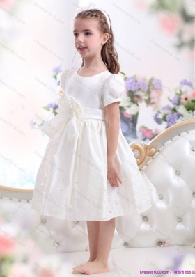 White Scoop 2015 Little Girl Pageant Dress with Bowknot and Cap Sleeves