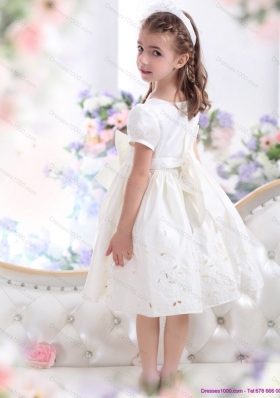 White Scoop 2015 Little Girl Pageant Dress with Bowknot and Cap Sleeves