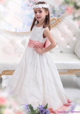 White Scoop 2015 Little Girl Pageant Dress with Pink Waistband